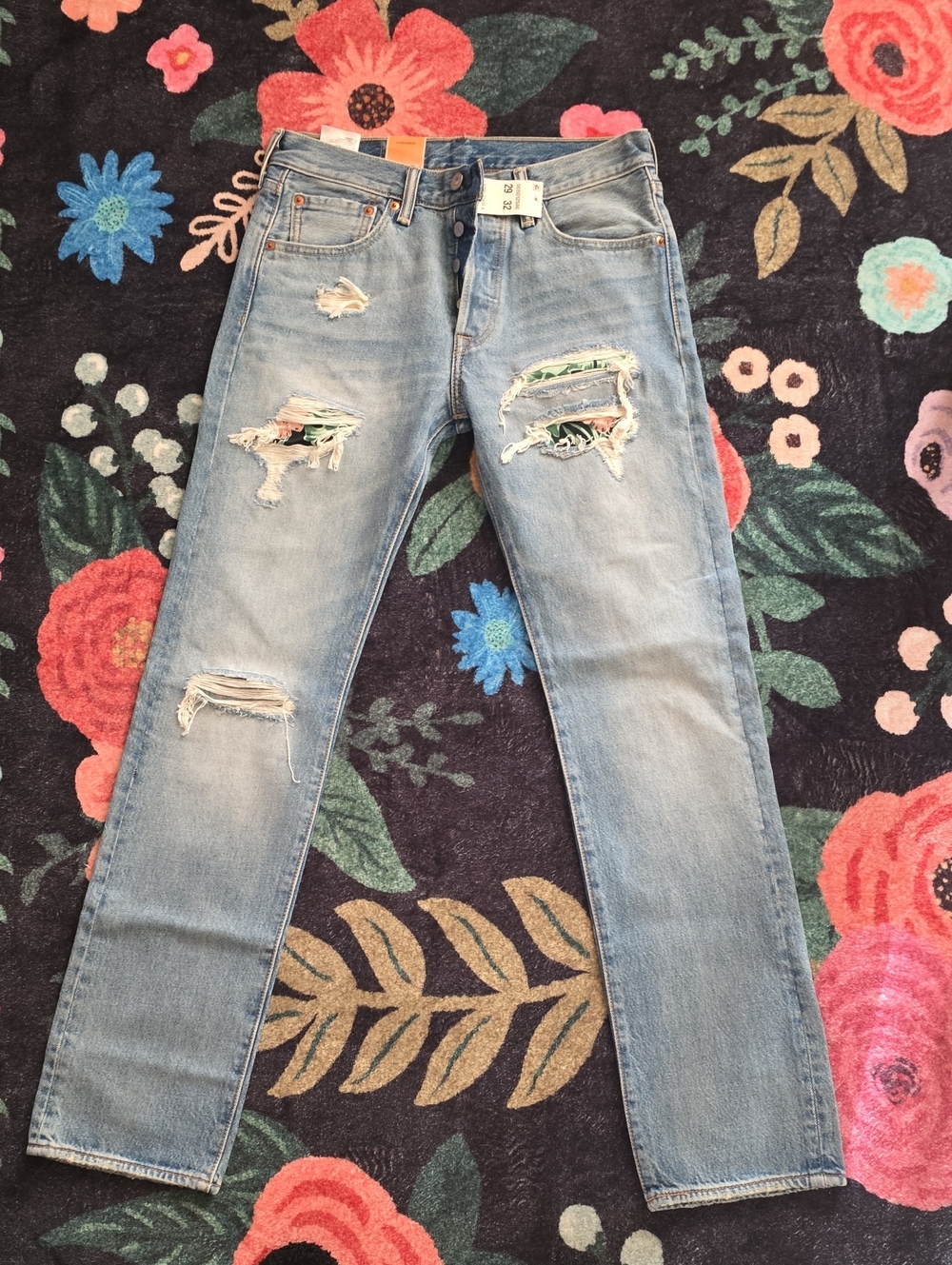 Levi's Light Blue Straight Leg Jeans with Floral Inset Distressing